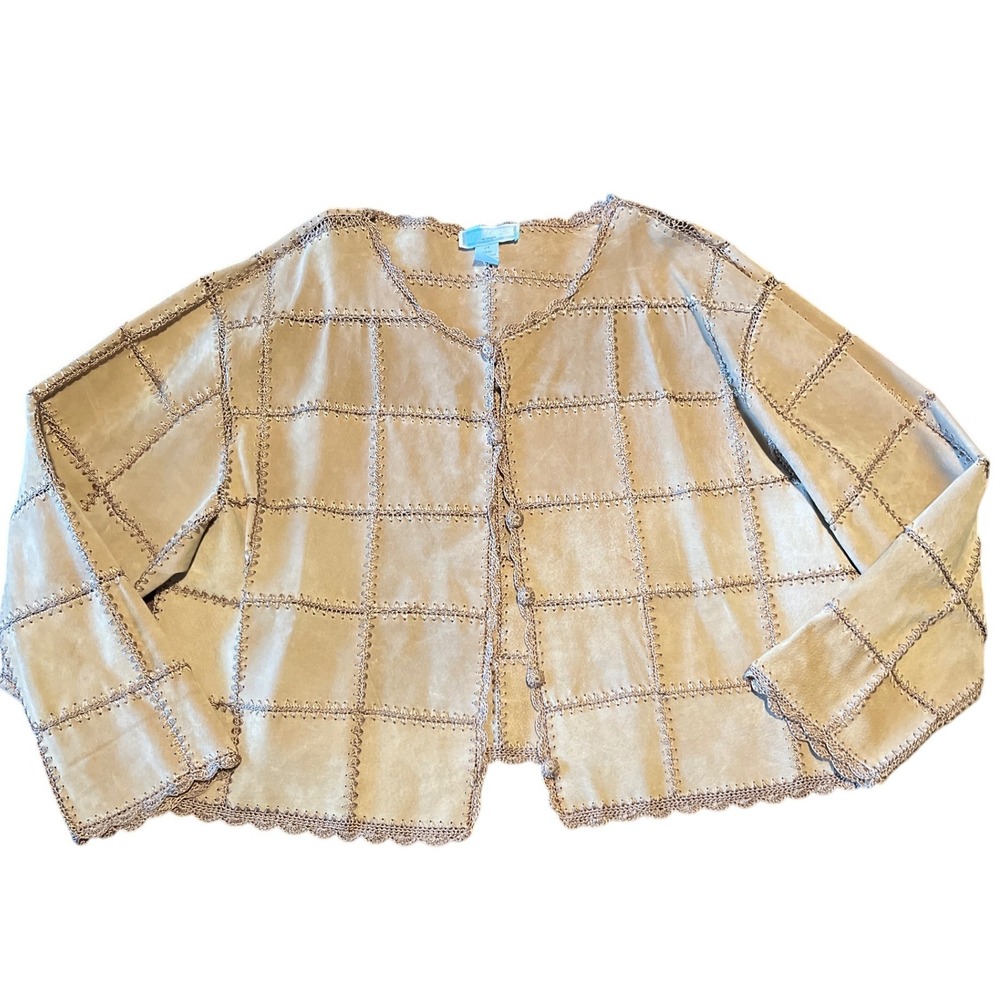 Vintage SMH Woman Tan Leather Patchwork Crochet Trim Jacket Plus Size 2X Boho‎